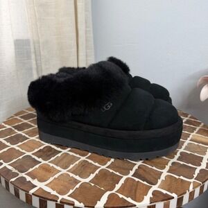 New UGG Tazzlita Platform Quilted Suede Slippers Women's Shoe Size 5 Black
